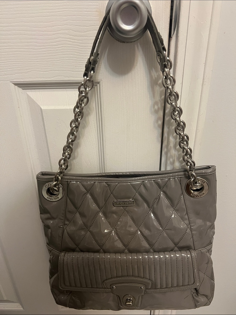 Coach Quilted Patent Shoulder Bag in Gray